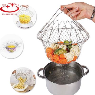 China Bpa Free Viable Multifunctional Reusable Collapsible Steamer Stainless Steel Rinse Strain Fry Strainer Foldable Frying Basket for sale