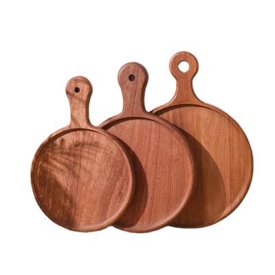 China Traditional High Quality Round Steak Wooden Pizza Tray Wooden Pizza Tray Low Price Serving Dish With Handle for sale