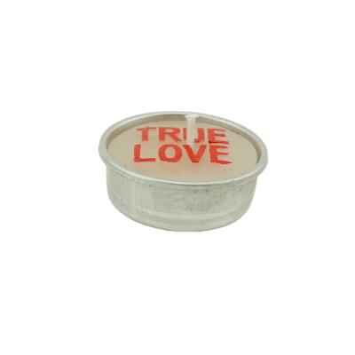 China Solid Smokeless Cotton Wick Aluminum Paraffin Cup Rolled Edge TRUE LOVE T Light Candles for sale