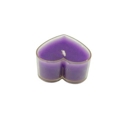 China Smokeless Romantic Purple Paraffin Wax In Heart Shape Plastic Container Unscented Tea Light Flameless Wedding Candles for sale