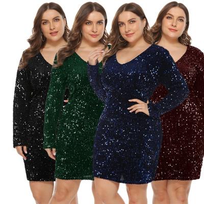 China LANOZY 2021 Fashion Women's Breathable Sequin Dress Plus Size Evening Long Sleeve Mini Bodycon Dresses Stretchy V-Neck Party Sparkle Dress for sale