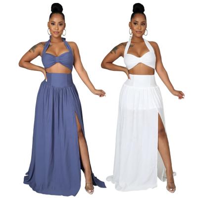 China LANOZY Breathable Elegant Halter Backless Crop Top And Slit Dress Women Sketch Along Set Two Pieces for sale