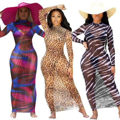 China Anti-wrinkle LANOZY Fashion Autumn 2021 Full Sleeve Printed Color Mesh See Through Long Dress For Women for sale