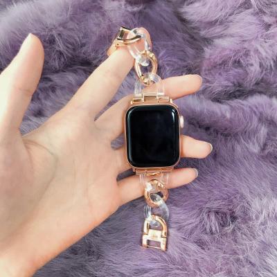 China Resin Link Steel Watch Band Strap Correa Transparent Buckle Wrist Steel Watch Bands For Apple 42mm for sale