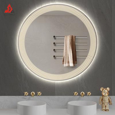 China Wall Mounted Magnifying Lamp Demister LED Circular Bathroom Mirror Smart Illuminated Touch Screen Mirror for sale