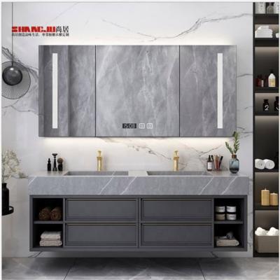 China Shangju Alberta Cabinets Furniture With Led 2021 Modern Multifunctional Light Double Sink Vanity Bathroom Cabinet for sale