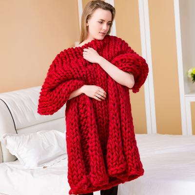 China Handwoven Knitting Wool Sofa Throw Blanket Chunky Merino Wool Throw Blanket 100% Acrylic Wearable Wool Blanket for sale