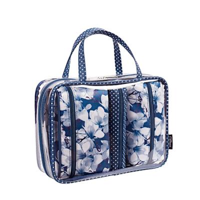 China Reusable Factory Direct Travel Make Up Zipper Fashion PVC And Polyester Set Cosmetic Toiletry Bag for sale