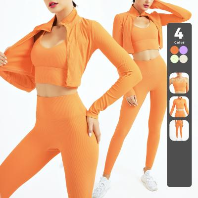 China KKXIU Breathable Long Sleeve Sports Running Yoga Set Three Piece Suit Cardigan Zipper Coat Top Fitness Set for sale