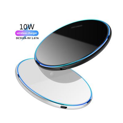 China 10W Metal Alloy Mobile Phone Ultra Thin Qi Wireless Charger LED Light Fast Mirror Charging for iPhone and Android for sale