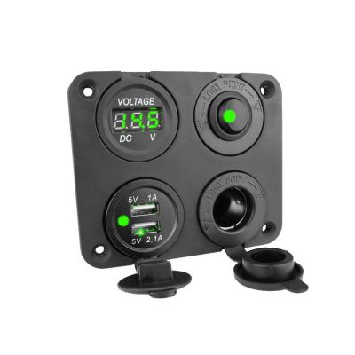 China Marine Boat 4 Hole Panel USB Charger Socket LED Voltmeter Cigarette Lighter Cigarette Lighter Socket Panel ON Rocker Inverter for sale