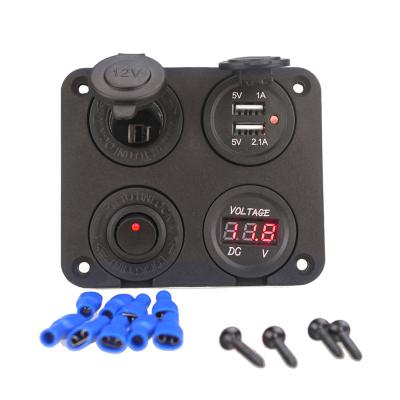 China Usb Socket Panel 4 In 1 Charger Socket Panel Dual USB Socket Power Socket+RockerToggle Lighter Socket+Voltmeter+Cigarette Switch For Truck Car for sale