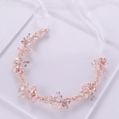 China European and American Style Rose Gold Flower Headband Wedding Accessories Beads Rhinestone Hairband Tiara Headband For Bride Ornament Hair Jewelry for sale