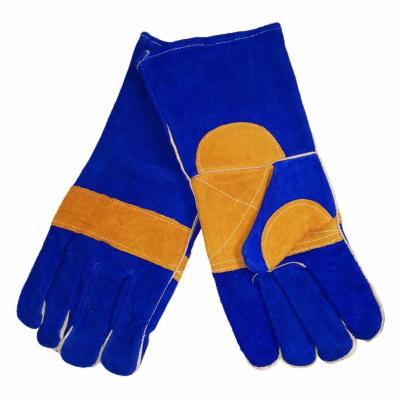 China Wholesale 35Cm Anti-Cutting Blue Cow Leather Welding Gloves Whip Leather Heat Resistant Working Gloves Manufacturers for sale