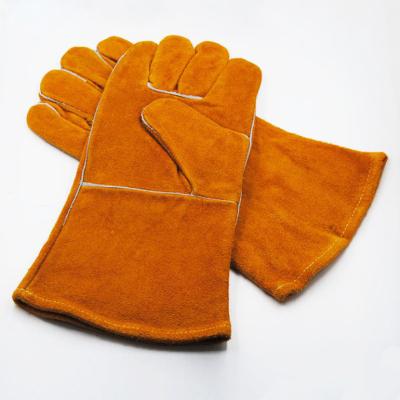 China Custom Logo Yellow Cowhide Welding Hand Heat Resistant Gloves 14 Inch Longfit Welding Gloves Scare Split Leather for Welders for sale