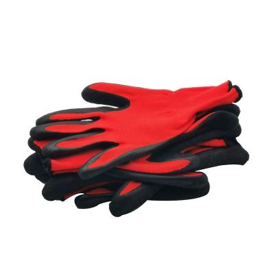 China OEM Durable Cheap Red Nylon Latex Palm Dipped Working Gloves Wrinkle Ply Polyester Latex Coated Garden Gloves 13G for sale