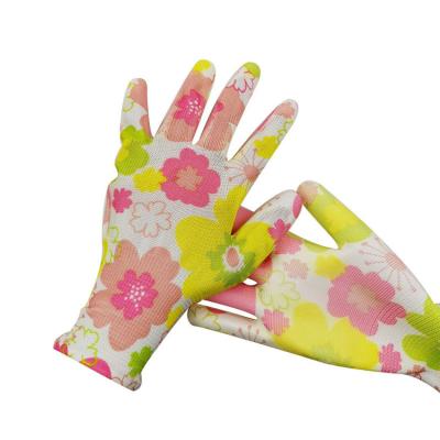 China Cheap Kids And Women Logo Anti-static Custom Flower Purchasing Nylon Palm Coated PU Garden Work Gloves for sale