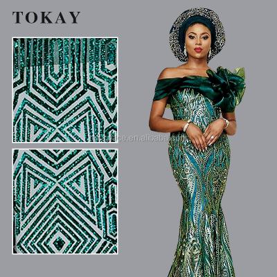 China Sustainable Teal Green Sparkle Nigerian Tulle Lace For Bride for sale