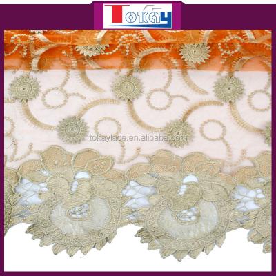 China Sustainable Orange Embroidery Tulle Blend With Guipure Lace Fabric For Women for sale