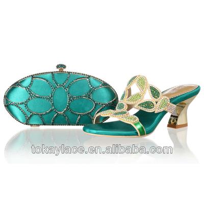 China Custom Made Ladies High Heel Pumps New Design Italian Crystal Matching Shoes And Bags Set In Nigeria Green for sale