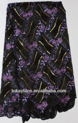 China 2013 new garment design black/purple african textile organza velvet net lace fabric with sequins for sale