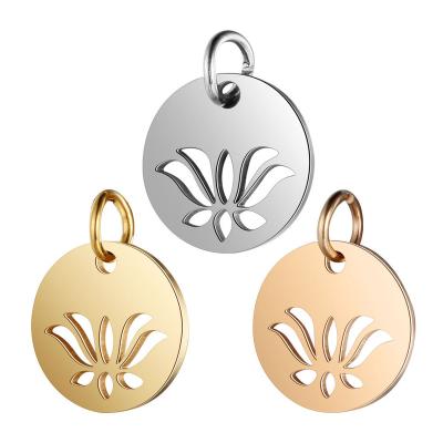 China Casual/Sporty Laser Cut Flower Cheap Wholesale Price Stainless Steel Lotus Round Bracelet Charm Pendant for sale