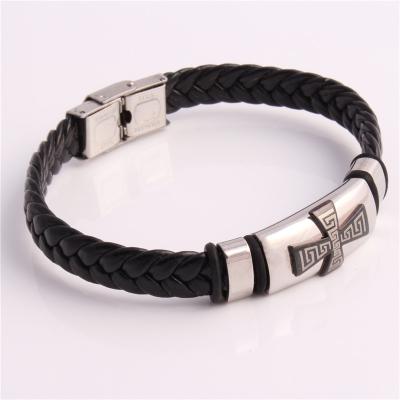 China Hyperbole Amazon Hot-selling Handmade Mens PU Bracelet Classic Stainless Steel PU Cross Black Leather Bracelet for sale