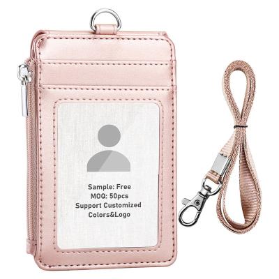 China Fashion PU Leather badge holder Custom Name ID Card Holder Vertical Horizontal with lanyard  for Women &men Teachers/Students, Couriers for sale