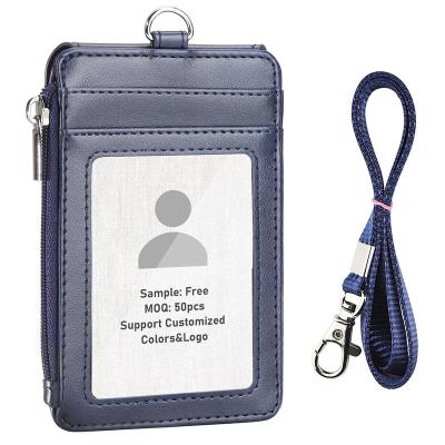 China Fashion Custom Good PU Leather badge holder Name ID Card Holder Vertical Horizontal with lanyard  for Women &men Teachers/Students for sale