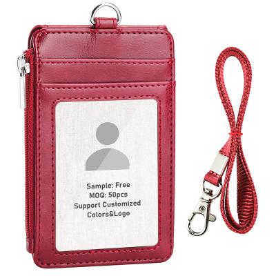 China Fashion PU Leather badge holder Custom Name ID Card Holder with Side Zip Pocket Vertical Horizontal with lanyard for Women &men Teachers for sale