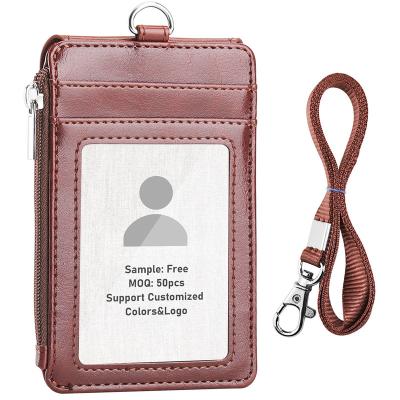 China Fashion PU Leather badge holder Custom Name ID Card Holder Vertical Horizontal with lanyard  for Women &men for sale