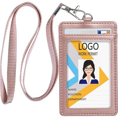 China Fashion Custom High Quality PU Leather badge holder Name ID Card Holder Vertical with lanyard Multi-card Cover for sale