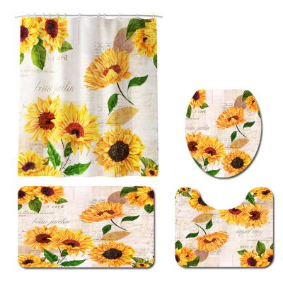 China Sustainable Custom Floral Sunflower Waterproof Digital Polyester Printing 3d Bathroom Bath Set Curtain for sale