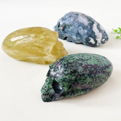 China Europe Moss Agate Alien Crystal Skulls Hand Carved Gemstone Art Sculpture Reiki Healing Stone Citrine Skulls Statue for sale