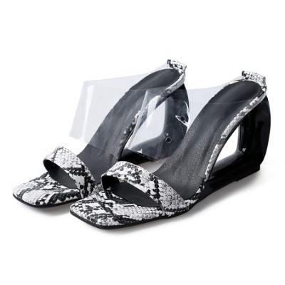 China Fashion Trend Clear Transparent Slippers Triangle Wedge Strappy High Heels Snake Skin Pattern Women Shoe for sale