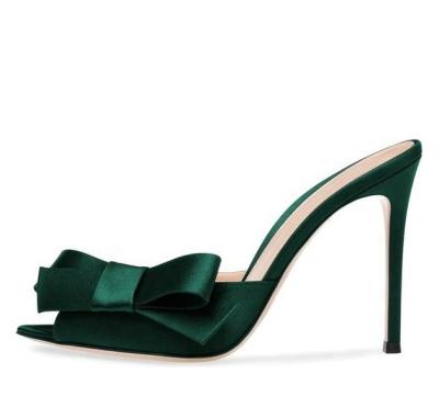 China Fashion Trend Satin High Heel Slipper Pointed Toe Peep Toe Girls Dating Bow Ribbon Dark Green Sexy High Heeled Sandals for Women and Ladies for sale