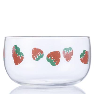 China Beautiful Viable Creative Home Strawberry Printed Microwave Heated Fruit Salad Dessert Glass Bowl High Borosilicate Clear Bowl for sale