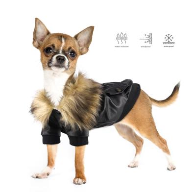 China Sustainable Pet Leather Jacket Winter Dog Clothes With Fur Collar Doggy Puppy Coat Small Pet Clothing for sale