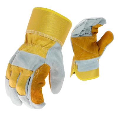 China Fiber Wear Resistant Yellow Cow Split Leather Gloves Leather Palm Work Gloves for sale