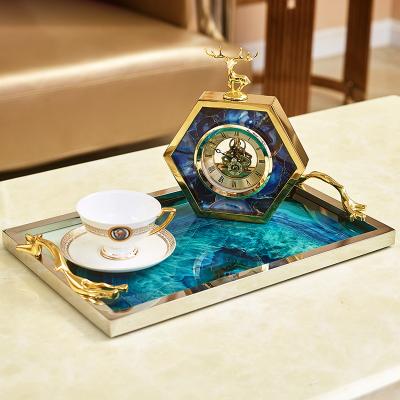 China New arrival Table decoration luxury blue agate glass servuing tray with handles gold sample display metal tray for sale