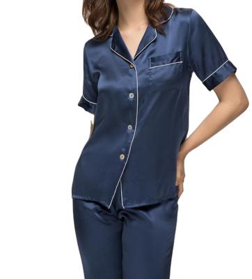 China 100% Pure Silk QUICK DRY Soft Pajamas Women Pajamas Set Collar Notch Short Sleeve Button Down Sleepwear for sale