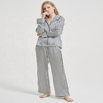 China QUICK DRY Women Stripe Printed 100% Pure Mulberry Silk Washable Pajamas Sets Women Sleepwear for sale