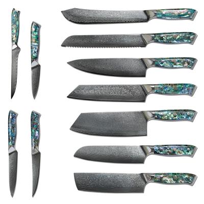 China 11PCS Resin Handle Durable Luxury Professional Colorful Damascus 9cr18 Carbon Steel Cleaver Meat Cutting Modern Kitchen Knife Set for sale