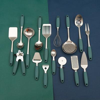 China Sustainable Home Kitchen Accessories Green 16 Pcs Stainless Steel Utensil Set Tools Kitchen Utensils Cookware Sets With Color Box for sale