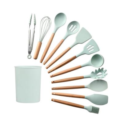 China Viable Kitchenware 12 Pcs Colorful Accessories Soft Silicone Cookware Utensils Kitchen Utensil Set With Wooden Handle for sale