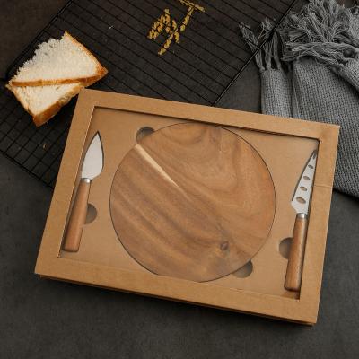 China 100% Natural Wooden Viable With Cutlery Slicer Round And Knife Set Picnic In Cutting Plates Serving Cheese Cutting Board Set for sale