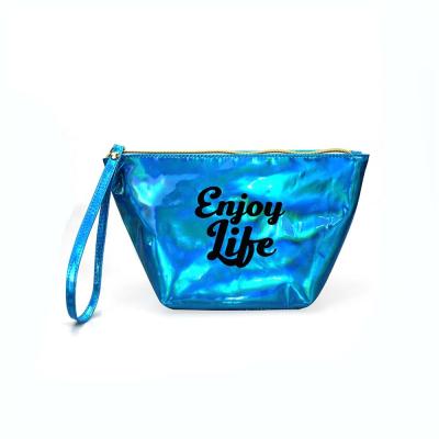 China Wholesale Custom Cheap Promotional Translucent Zipper Pouch Women's Fashion Laser Simple Open Makeup Laser Cosmetic Bag for sale