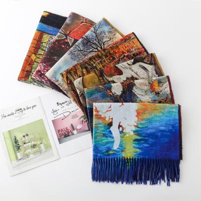 China Hot Digital Squishy Oil Painting Vintage Pashmina Shawl Scarf Long With Tassels For Women for sale