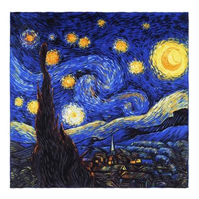 China Square Novelty Famous Oil Painting The Starry Night 100% Pure Silk Scarf For Women Customized for sale