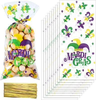 China Plastic 100 Piece Mardi Gras Treat Bags, Carnival Theme Cellophane Candy Bags Multicolor Goodie Favor Bags with 100 Gold Twist Ties f for sale